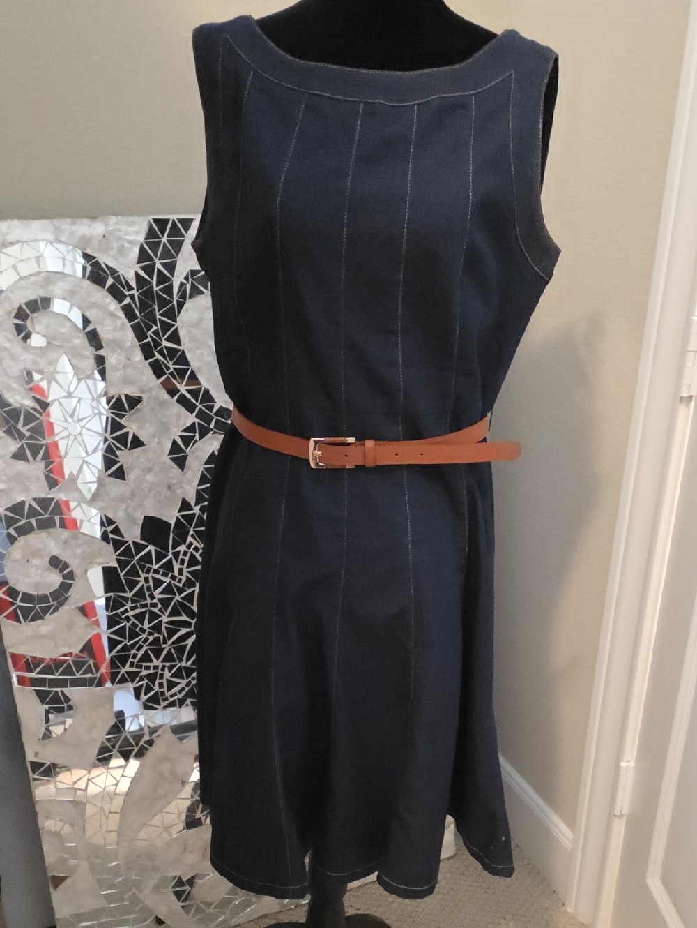 Harve Benard Navy Dress with Contrast Stitching and Tan Belt